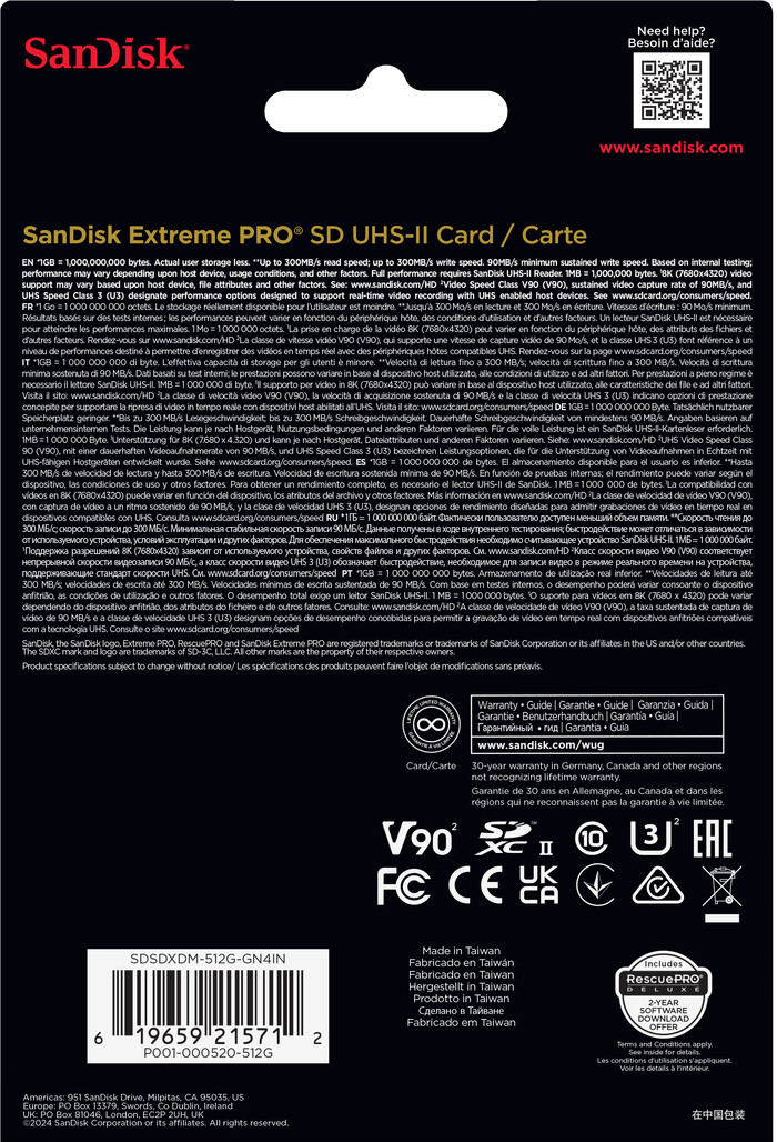 SanDisk SDXC Extreme PRO 512GB 300MB/s verpakking