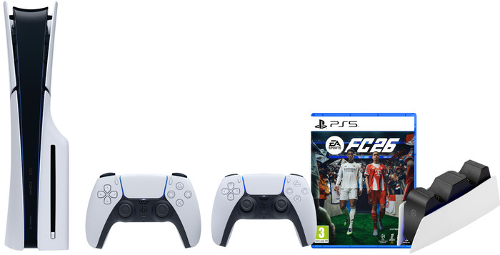 PlayStation 5 Slim Disc Edition + FC 26 + Extra Controller Wit + Oplaadstation Main Image