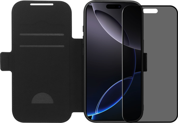 BlueBuilt Apple iPhone 17 Pro Book Case Leer Zwart + BlueBuilt iPhone 17 Pro Privacy Screenprotector Glas Main Image