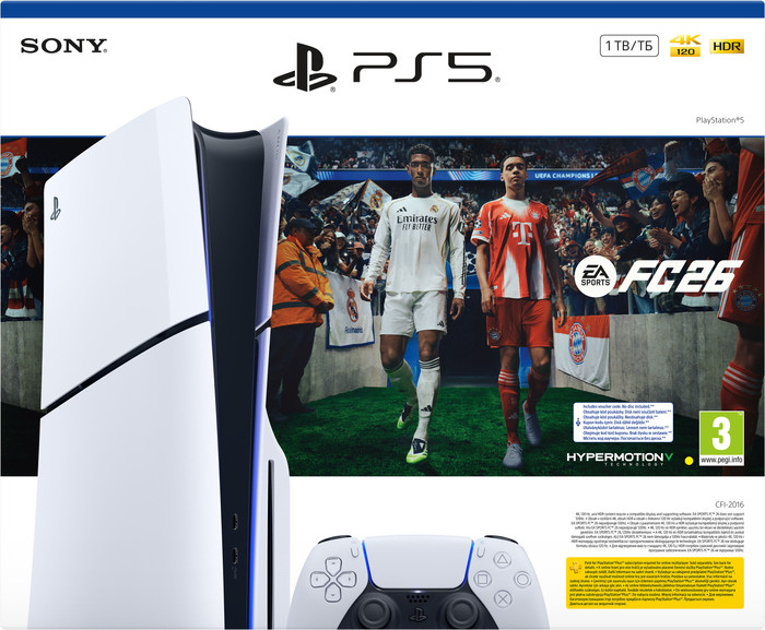 PlayStation 5 Slim Disc Edition + EA Sports FC 26 packaging