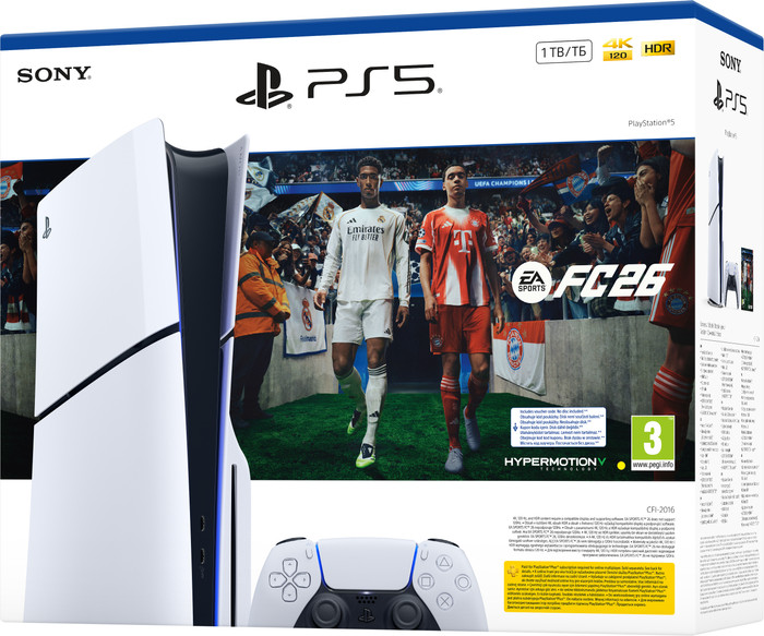 PlayStation 5 Slim Disc Edition + EA Sports FC 26 packaging