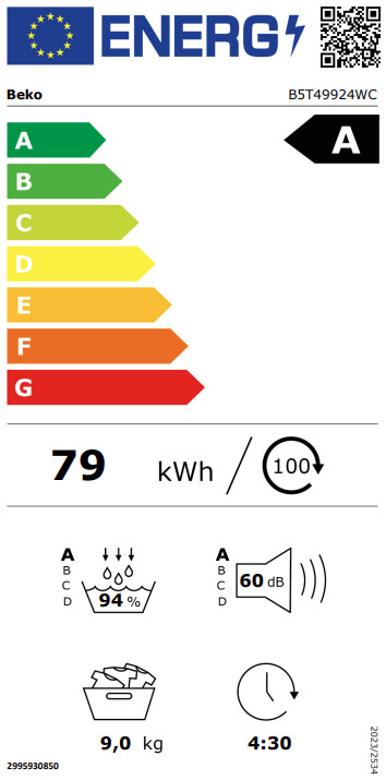 Beko B5T49924WC IronFinish energielabel