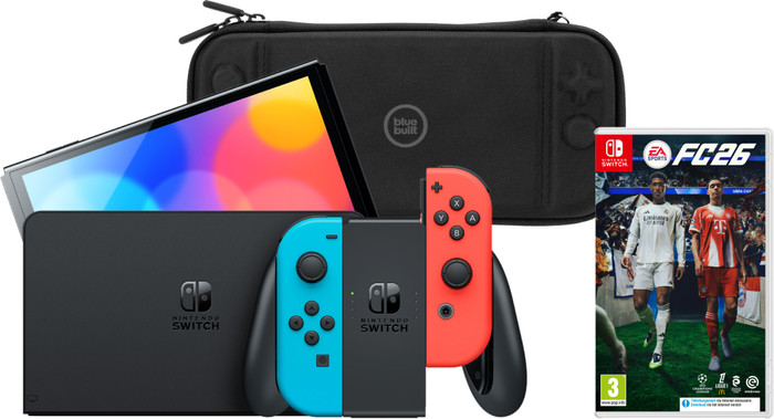 Nintendo Switch OLED Blauw/Rood + EA Sports FC 26 + BlueBuilt Beschermhoes Main Image