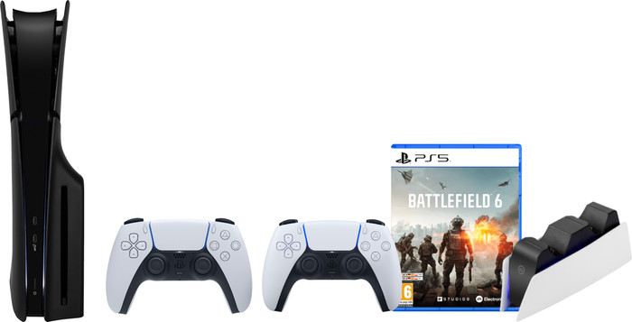 PS5 Slim Disc Edition + Battlefield 6 + Covers Black + Extra Controller White + Charging Dock Main Image