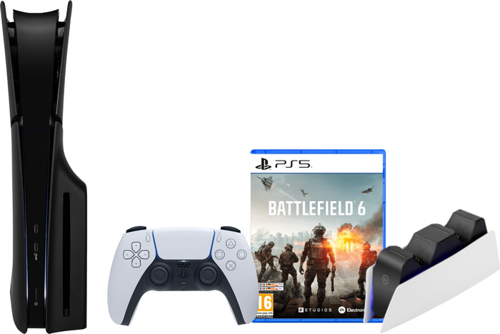 PlayStation 5 Slim Disc Edition + Battlefield 6 + Covers Black + Charging Dock Main Image