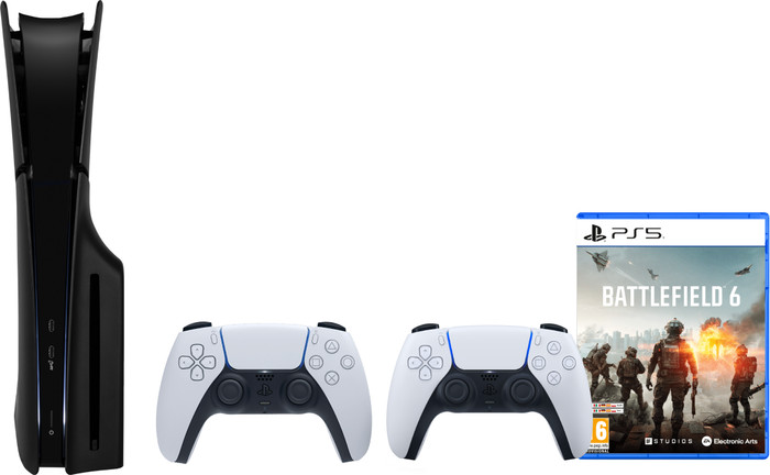 PlayStation 5 Slim Disc Edition + Battlefield 6 + Covers Black + Extra Controller White Main Image