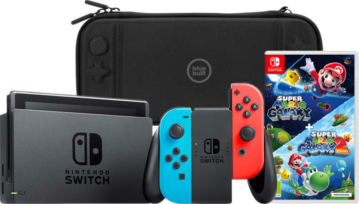 Nintendo Switch Rood/Blauw + Super Mario Galaxy 1+2 + BlueBuilt Beschermhoes Main Image