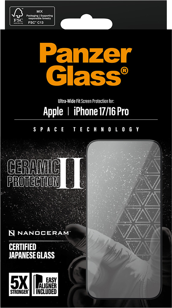 PanzerGlass Ultra-Wide Fit Ceramic II Apple iPhone 17/ 16 Pro Screenprotector verpakking