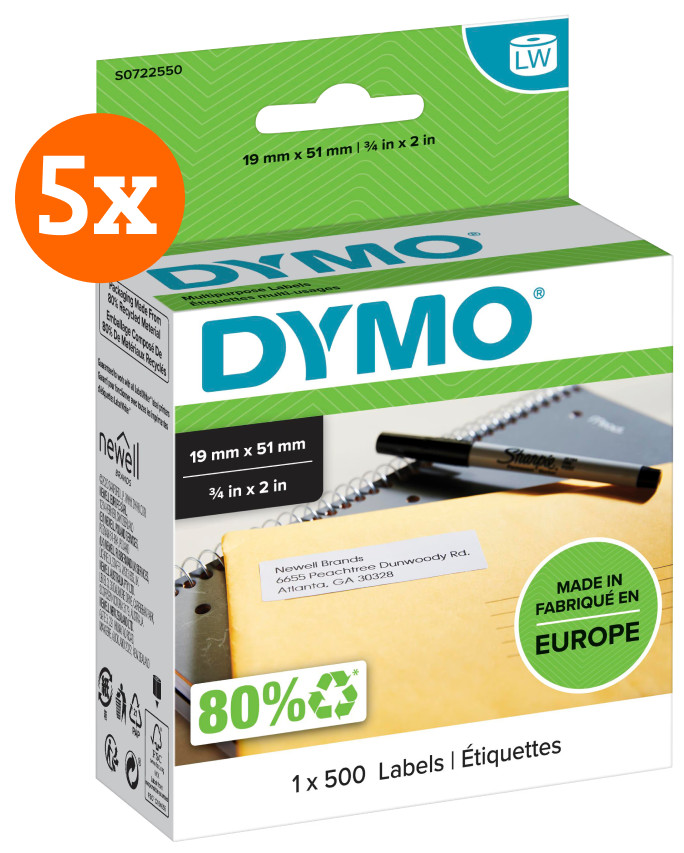 DYMO Verwijderbaar Etiket 19 x 51 mm 500 stuks 5-pack Main Image