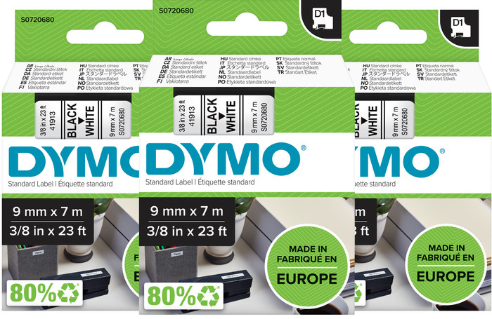 DYMO D1 9mm x 7m Zwart Wit Labels 3-pack Main Image