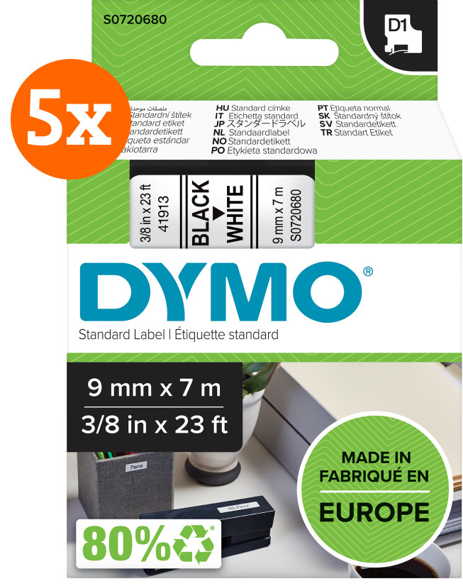 DYMO D1 9mm x 7m Zwart Wit Labels 5-pack Main Image