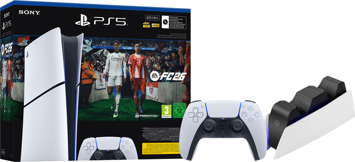 PlayStation 5 Slim Digital Edition + FC 26 + Extra Controller Wit + Oplaadstation Main Image