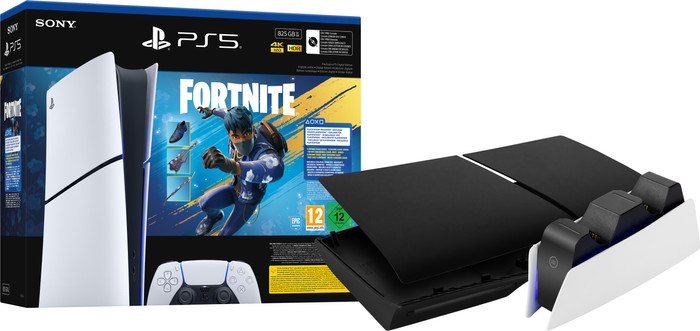PlayStation 5 Slim Digital Edition Fortnite bundel + Covers Zwart + Oplaadstation Main Image