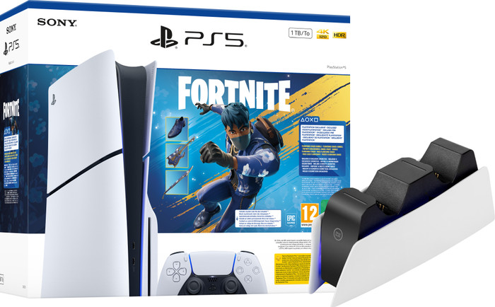 PlayStation 5 Slim Disc Edition Fortnite Bundle + Charging Dock Main Image