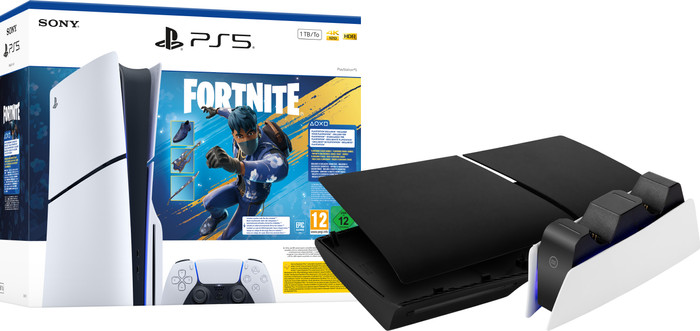 PlayStation 5 Slim Disc Edition Fortnite Bundle + Covers Black + Charging Dock Main Image