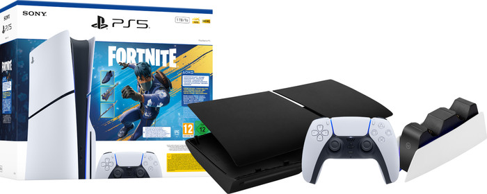 PS5 Slim Disc Edition + Fortnite Bundle + Covers Black + Extra Controller White + Charging Dock Main Image