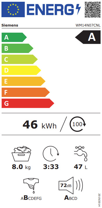 Siemens WM14N07CNL smartFinish energy label