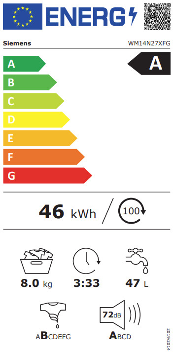 Siemens WM14N27XFG smartFinish energy label