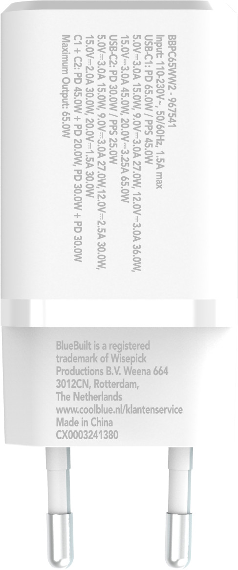 BlueBuilt Power Delivery Oplader met 2 Usb C Poorten 65W Wit onderkant