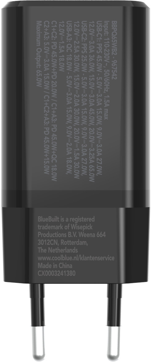 BlueBuilt Power Delivery + Quick Charge Oplader met 3 Usb Poorten 65W Zwart onderkant