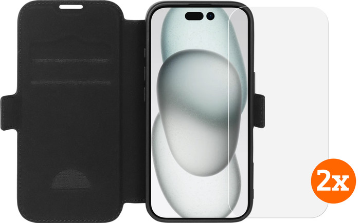 BlueBuilt Apple iPhone 16 Book Case Leer Zwart + Screenprotector Glas Duo Pack Main Image