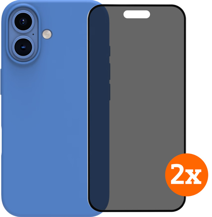 BlueBuilt Back Cover iPhone 16 Blauw + Privacy Filter Screenprotector Glas Duo Pack Main Image