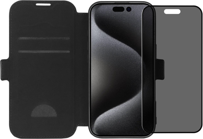 BlueBuilt Apple iPhone 16 Pro Book Case Leer Zwart + Privacy Filter Screenprotector Glas Main Image