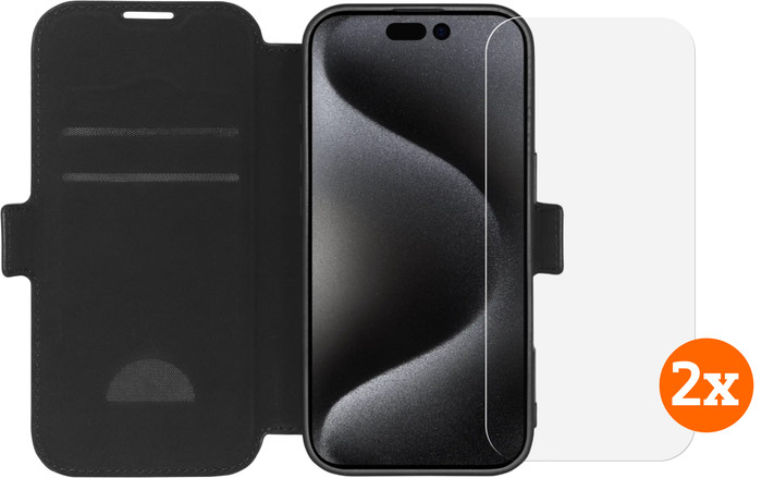 BlueBuilt Apple iPhone 16 Pro Book Case Leer Zwart + Screenprotector Glas Duo Pack Main Image