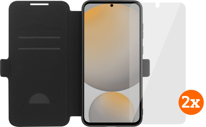 BlueBuilt Samsung Galaxy S25 FE Book Case Zwart + Screenprotector Glas Duo Pack Main Image