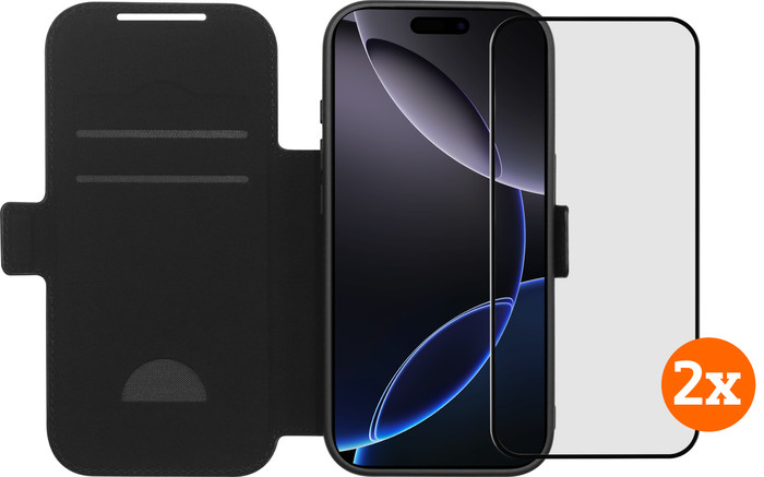 BlueBuilt Apple iPhone 17 Pro Book Case Leer Zwart + Screenprotector Glas Duo Pack Main Image