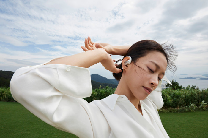 Shokz OpenFit Pro White product in use