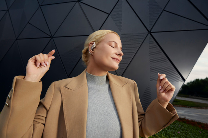 Shokz OpenFit Pro White product in use