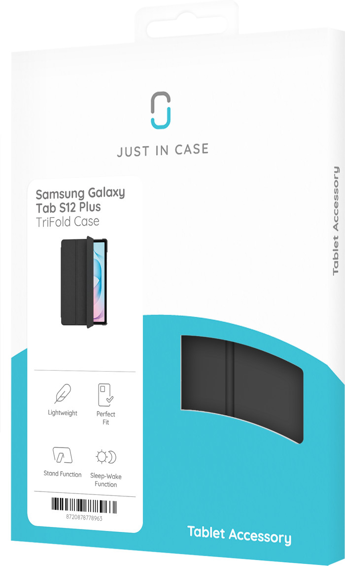 Just in Case Samsung Galaxy Tab S12 Plus Tri-Fold Book Case Zwart verpakking