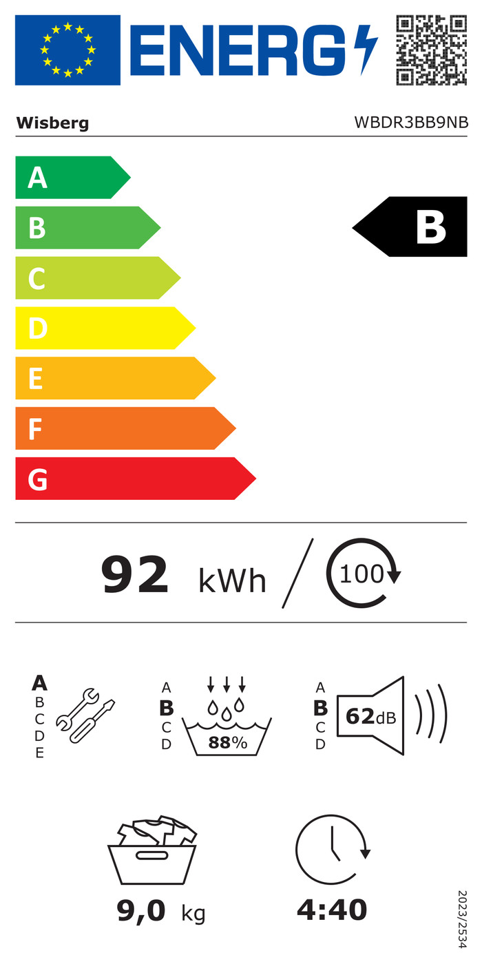 Wisberg WBWM3A5B9NB SwiftWash + Wisberg WBDR3BB9NB CreaseControl energy label