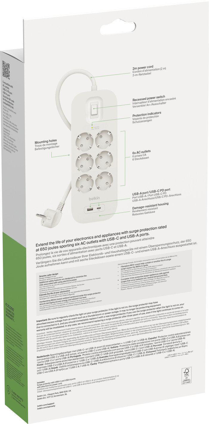 Belkin Stekkerdoos 6-voudig 2 meter met usb A/C 18W Wit verpakking