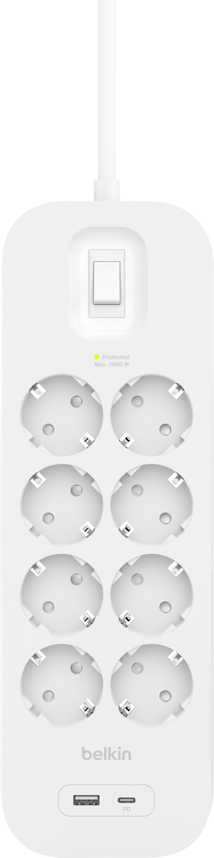 Belkin Stekkerdoos 8-voudig 2 meter met usb A/C 18W Wit bovenkant