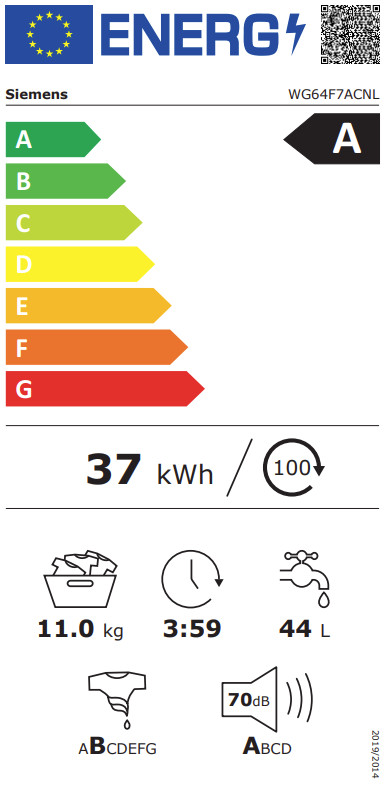 Siemens WG64F7ACNL intelligentDosing iconicEdition energielabel