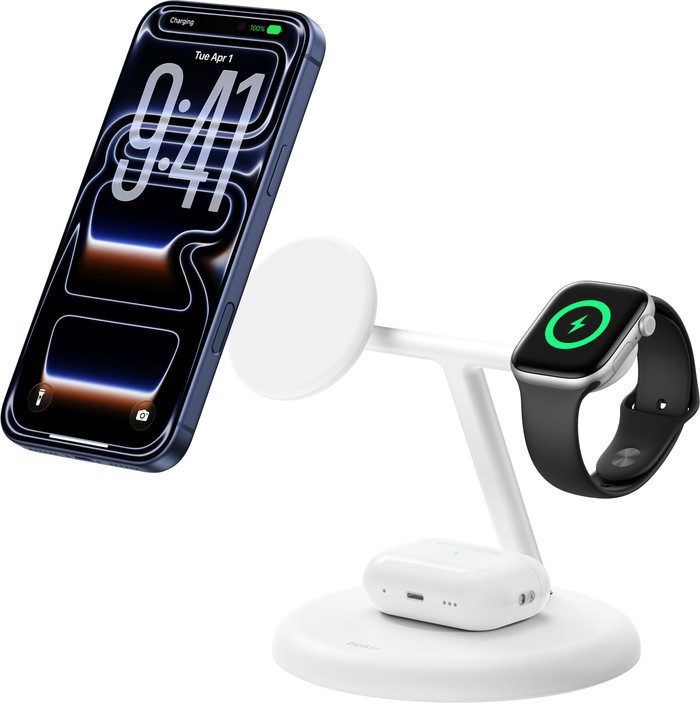 Belkin 3-in-1 Draadloze Oplader met MagSafe 25 Watt Wit voorkant