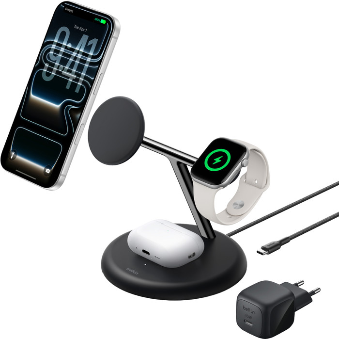 Belkin 3-in-1 Draadloze Oplader met MagSafe 25 Watt Zwart voorkant