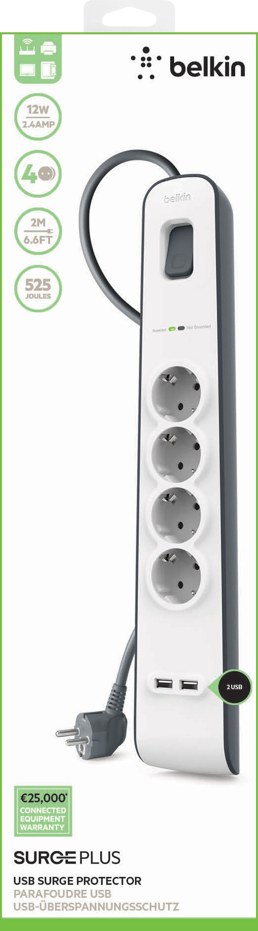 Belkin Surge Protector 4 Outlet 2 meters 2x usb packaging