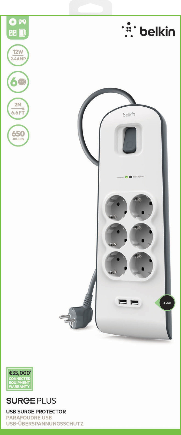 Belkin Surge Protector 6 outlet 2 meter 2x usb verpakking