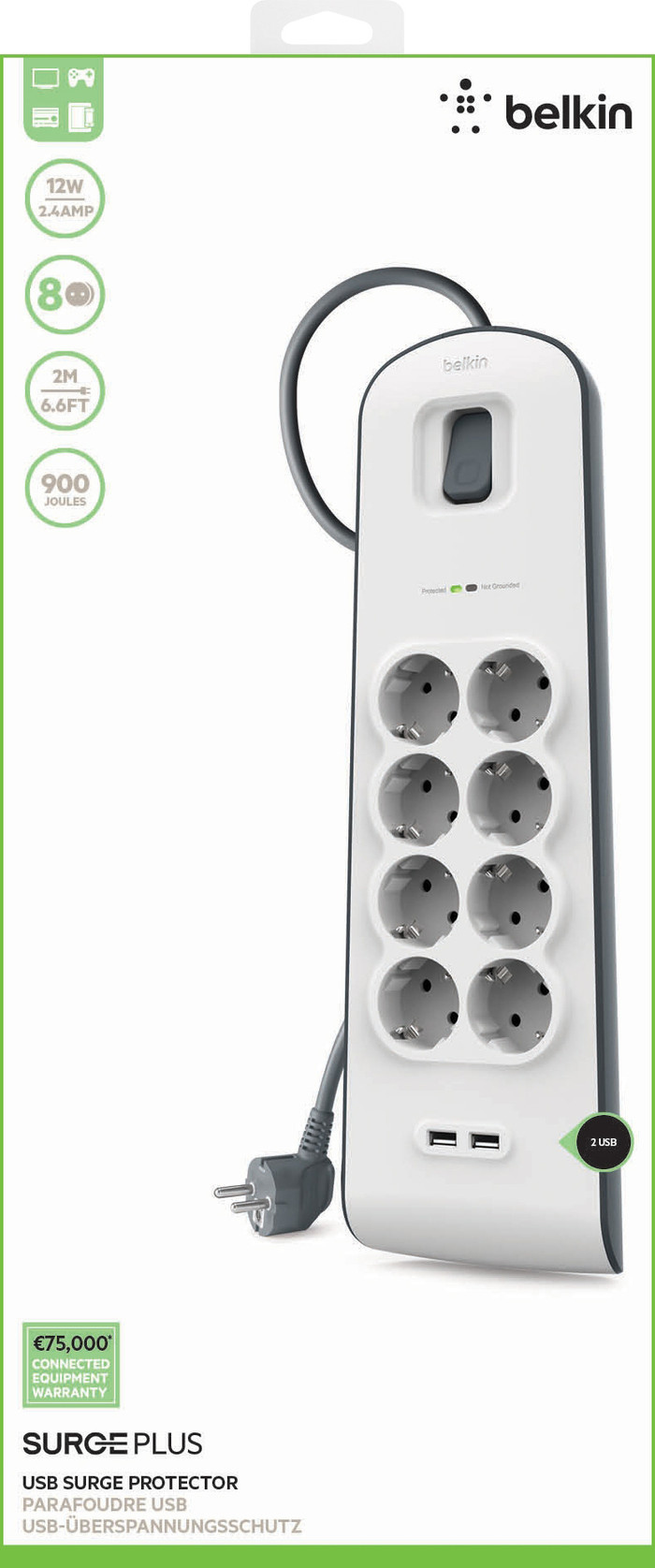 Belkin Surge Protector 8 outlet 2 meter 2x usb verpakking
