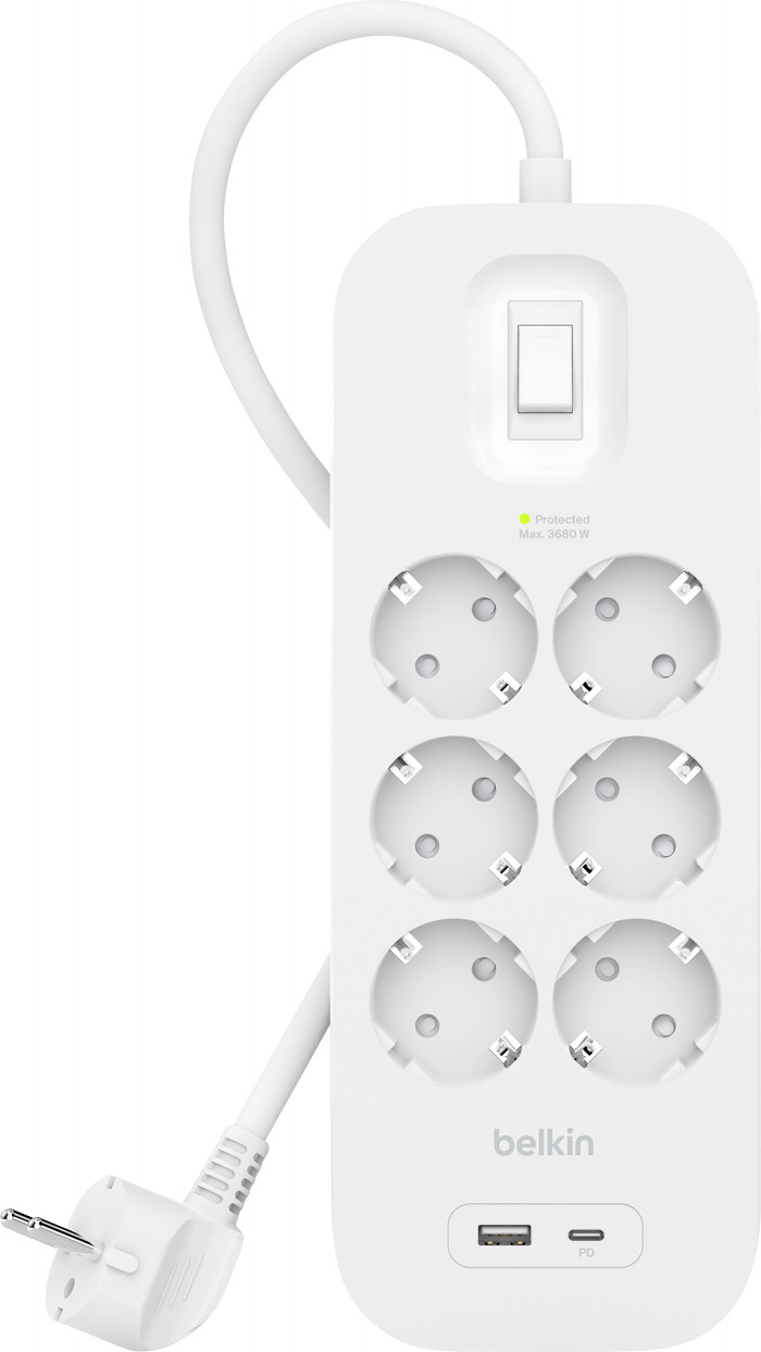 Belkin Stekkerdoos 6-voudig 2 meter met usb A/C 18W Wit voorkant