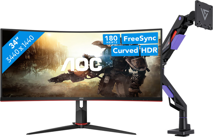AOC CU34G2XP/BK + Vortech Monitorarm met Gasveer Main Image