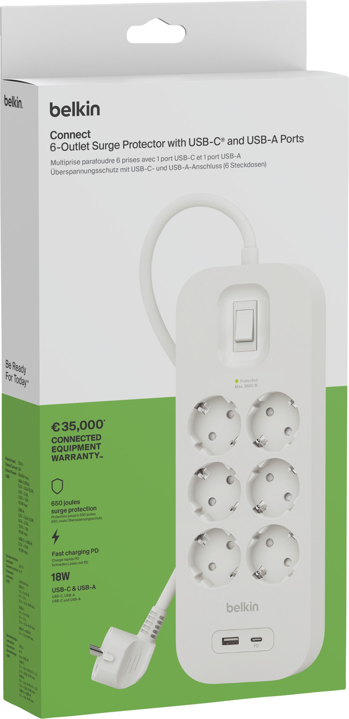 Belkin Stekkerdoos 6-voudig 2 meter met usb A/C 18W Wit verpakking