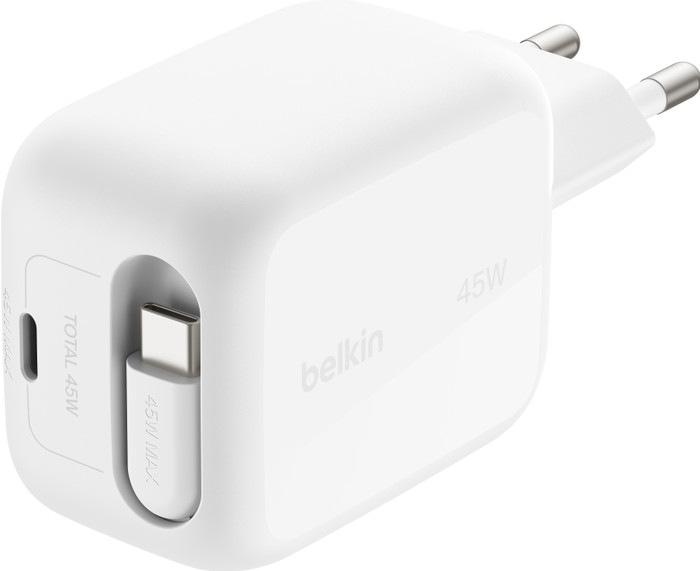 Belkin BoostCharge Pro Oplader 45W Usb C Wit + Usb C Intrekbare Kabel 0,8m Kunststof Wit bovenkant