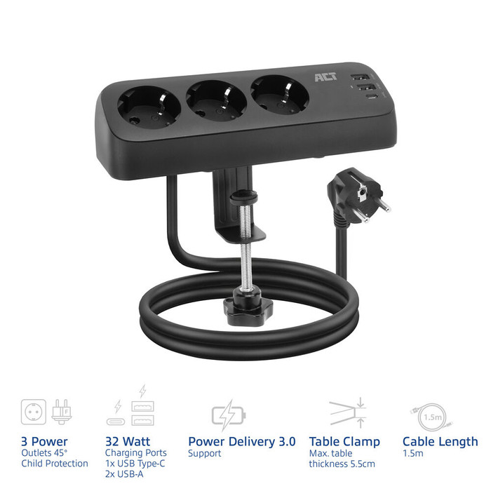 ACT AC2480 Bureau Stekkerdoos 3-voudig 1,5 meter 3x Usb 30W Zwart visual leverancier