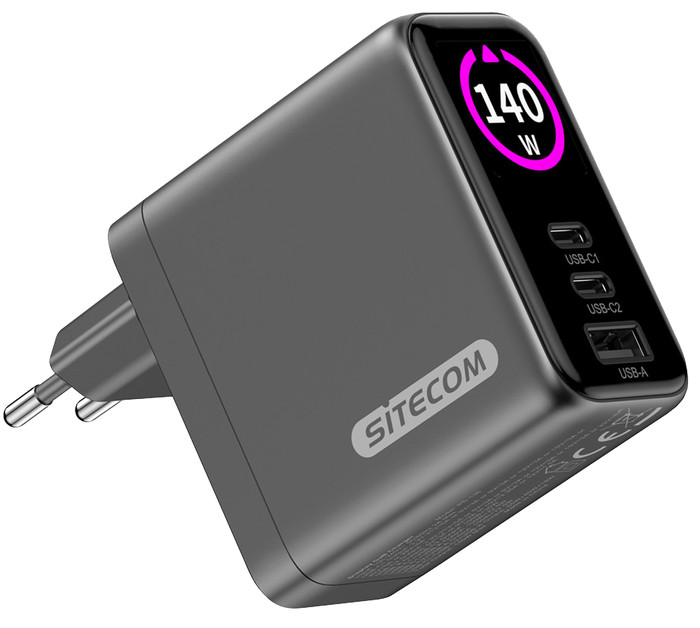 Sitecom 140W GaN Oplader met led scherm voorkant
