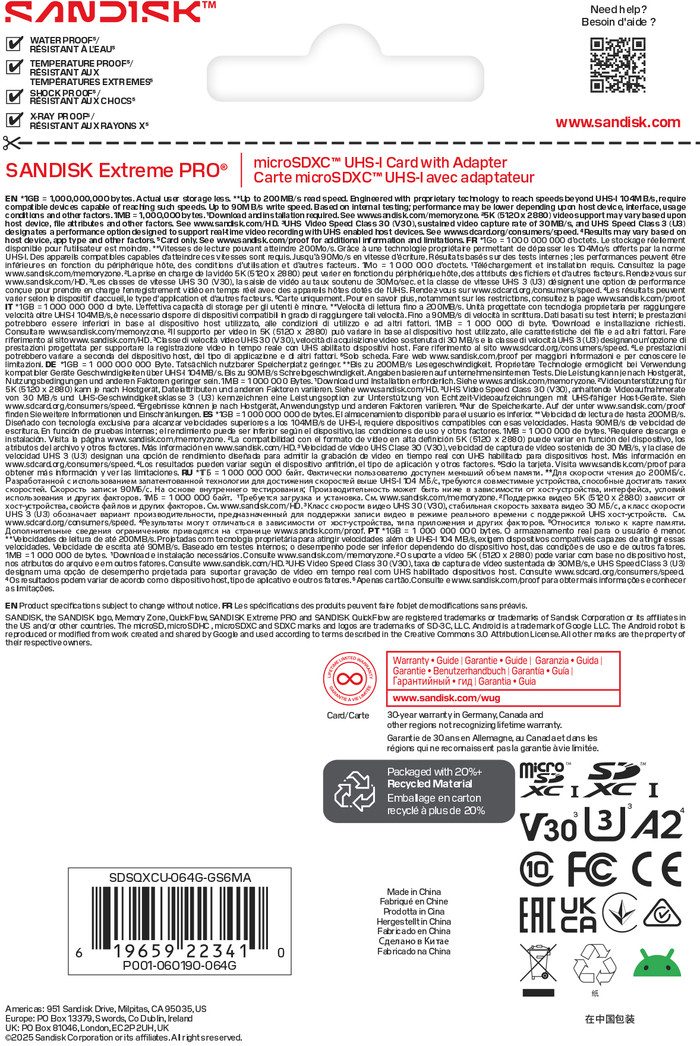 SANDISK Extreme PRO microSDXC 64GB 200MB/s verpakking