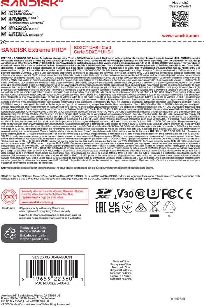 SANDISK Extreme PRO SDHC 64GB 200MB/s verpakking